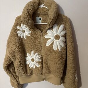 So Fleece Flower Jacket Teddy Fuzzy Sherpa Brown Soft Medium Daisy Full Zip M